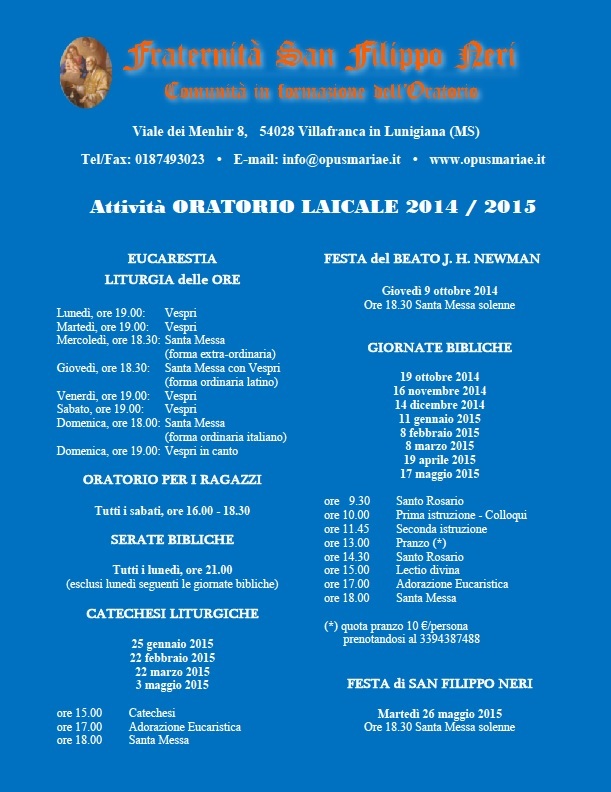 ORATORIO LAICALE calendario 2014-2015